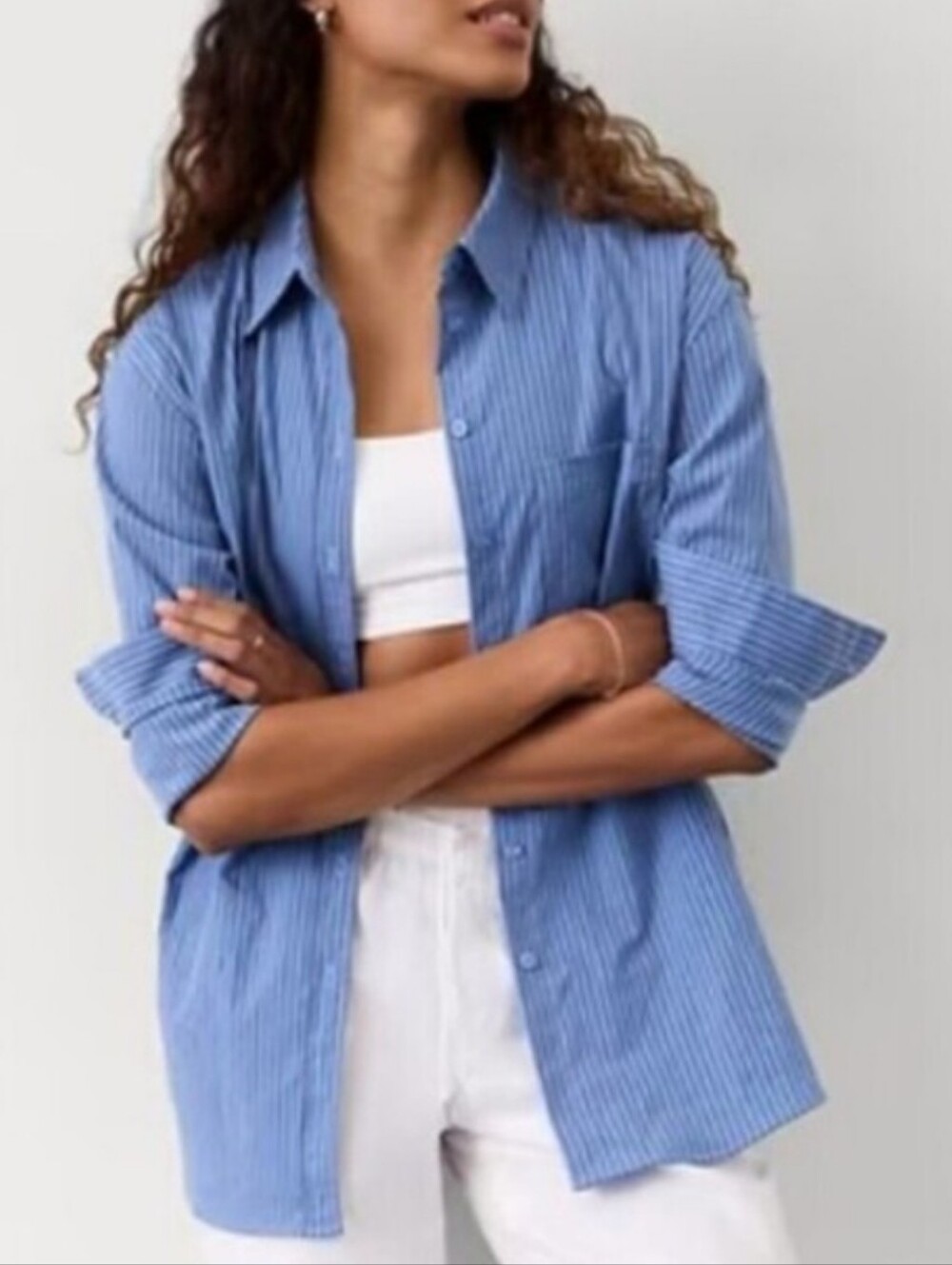 Athleta Midday Relaxed Poplin Shirt Repose River Stripe Blue Women's Size SP